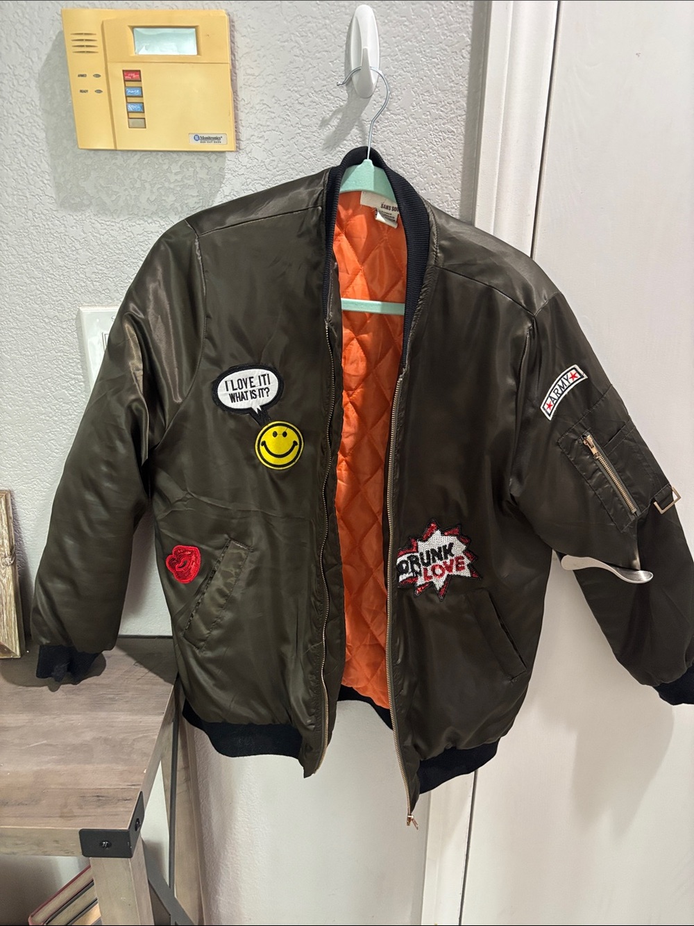Olive Green Bomber Jacket with Orange Lining and Patch Details